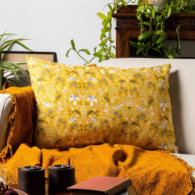 Scandi Woodland Xl Rectangular Cushion. Ochre Yellow Nature-Inspired Pattern With Swallows & Trailing Olive Branches. 100% Cotton. 23X15 - image 1