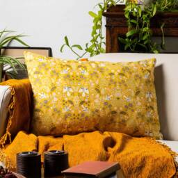 Scandi Woodland Xl Rectangular Cushion. Ochre Yellow Nature-Inspired Pattern With Swallows & Trailing Olive Branches. 100% Cotton. 23X15 - thumbnail 1
