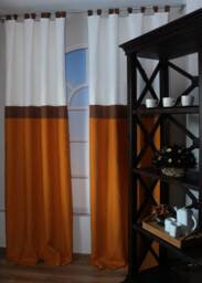 Designer Color Block Linen Curtain Panel , Flax White , Brown & Orange Colors Striped Curtain Panel, Window Treatments