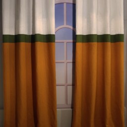 Designer Color Block Linen Curtain Panel , Flax White , Brown & Orange Colors Striped Curtain Panel, Window Treatments - thumbnail 2