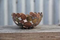 World Coin Bowl, Silver Soldered Metal Sculpture, 12cm - thumbnail 1