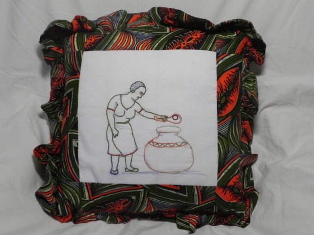 African Embroidered Pillow With Woman & Pot - image 1