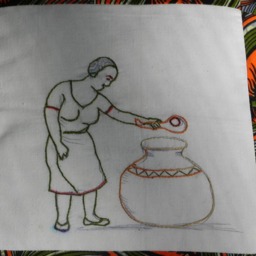 African Embroidered Pillow With Woman & Pot - thumbnail 2