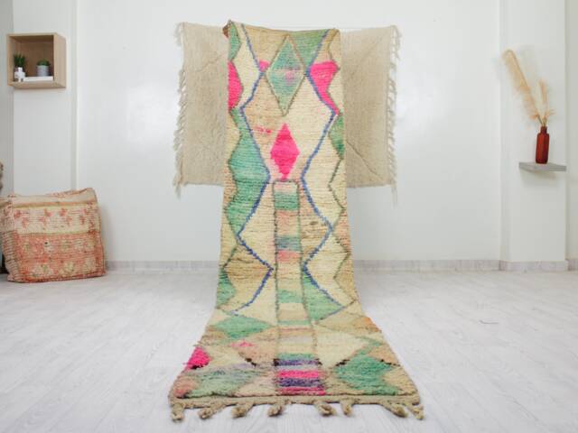 Beige Vintage Runner Boujaad - Runner Rug Moroccan Turquoise 2x10 Hallway Genuine Lamb Wool - image 1