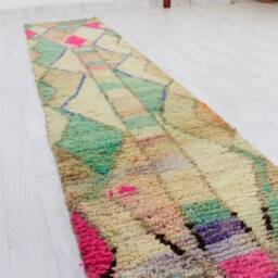Beige Vintage Runner Boujaad - Runner Rug Moroccan Turquoise 2x10 Hallway Genuine Lamb Wool - thumbnail 2