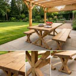 Handmade Rustic Wood Dining Table With Benches Farmhouse Style - thumbnail 2