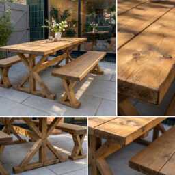 Handmade Rustic Wood Dining Table With Benches Farmhouse Style - thumbnail 3