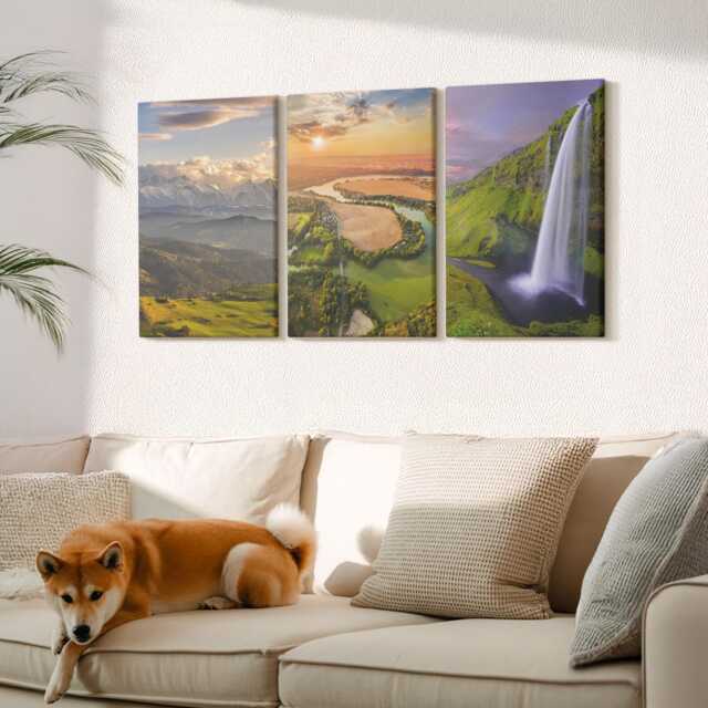 Canvas Set Of 3 Wall Art - Mountain River & Waterfall Views in Nature, Green Photo Print, Landscapes Decor - image 1