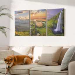 Canvas Set Of 3 Wall Art - Mountain River & Waterfall Views in Nature, Green Photo Print, Landscapes Decor - thumbnail 1