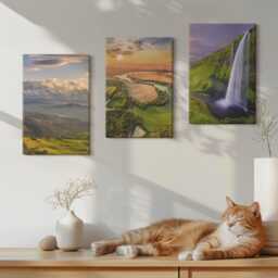 Canvas Set Of 3 Wall Art - Mountain River & Waterfall Views in Nature, Green Photo Print, Landscapes Decor - thumbnail 3