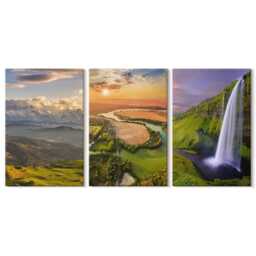Canvas Set Of 3 Wall Art - Mountain River & Waterfall Views in Nature, Green Photo Print, Landscapes Decor - thumbnail 2