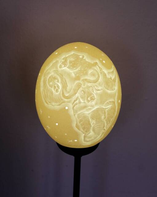 Carved Ostrich Egg Lampshade, African Big Five Design - image 1