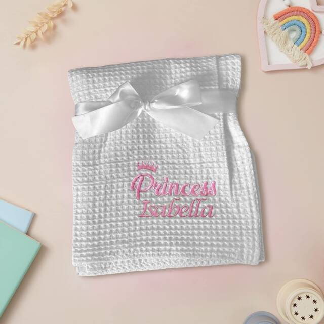 Hoolaroo Personalised Baby Blanket New Girl Gift Princess With Name Pink White Waffle Wrap 100% Cotton Newborn Present - image 1