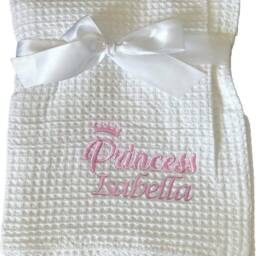 Hoolaroo Personalised Baby Blanket New Girl Gift Princess With Name Pink White Waffle Wrap 100% Cotton Newborn Present - thumbnail 2