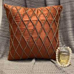 Rust Orange Velvet, Beaded Geometric Pattern, Modern Throw Pillow Cover - Sumac Gold - thumbnail 3