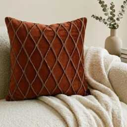Rust Orange Velvet, Beaded Geometric Pattern, Modern Throw Pillow Cover - Sumac Gold - thumbnail 1