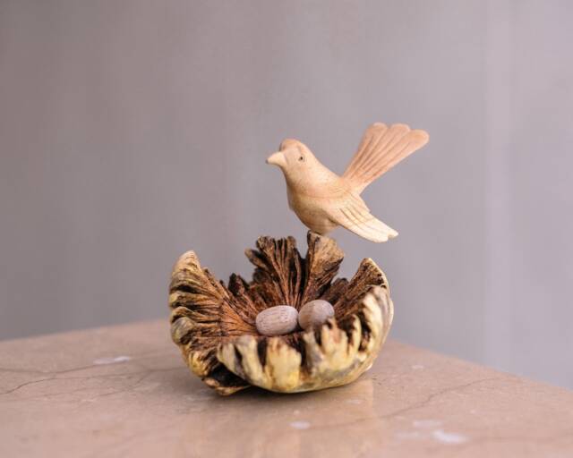 Bird On The Nest Sculpture, Wooden Canary, Egg, Wood Carving, Housewarming, Nature, Figurine, Tabletop Decor, Home Table Mother Gift - image 1