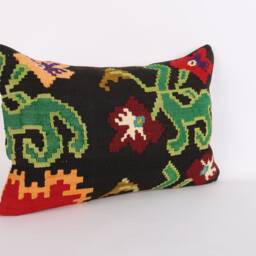 Handmade Turkish Kilim Lumbar Pillow Cover Floral Wool Cushion - 16x24 - thumbnail 3