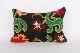 Handmade Turkish Kilim Lumbar Pillow Cover Floral Wool Cushion - 16x24