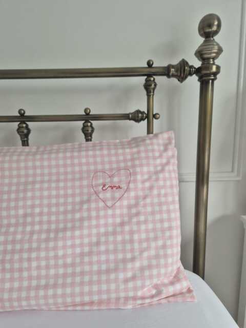 Hand Embroidered Name Pillowcase Heart Personalized Gingham - image 1