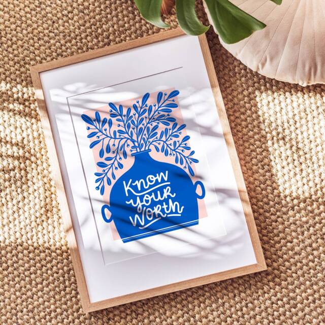 Blue & Pink Art Print, Bright Affordable Art, Fun Home Decor, Botanical Art, Positive Quote Know Your Worth - image 1