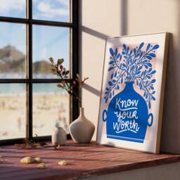 Blue & Pink Art Print, Bright Affordable Art, Fun Home Decor, Botanical Art, Positive Quote Know Your Worth - thumbnail 3