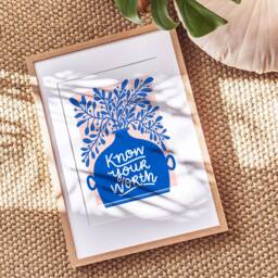 Blue & Pink Art Print, Bright Affordable Art, Fun Home Decor, Botanical Art, Positive Quote Know Your Worth - thumbnail 1