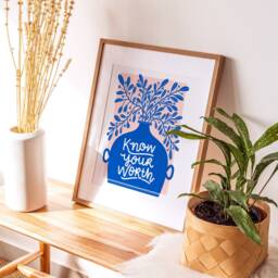 Blue & Pink Art Print, Bright Affordable Art, Fun Home Decor, Botanical Art, Positive Quote Know Your Worth - thumbnail 2