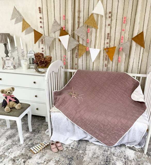 Modern Linen Baby Quilt, Patchwork Design, Stonewashed Natural Flax, Toddler Bedspread, Eco Newborn Gift - image 1