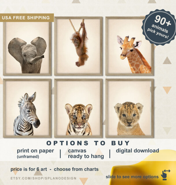 Safari Animal Nursery Prints Baby Jungle Animals Art, Set Of 6 - image 1