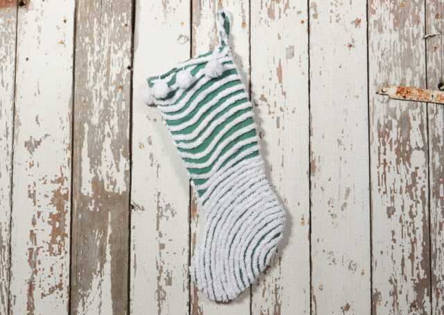 Green & White - Lush & Fluffy Vintage Chenille Christmas Stocking Pom Pom, Flower - image 1