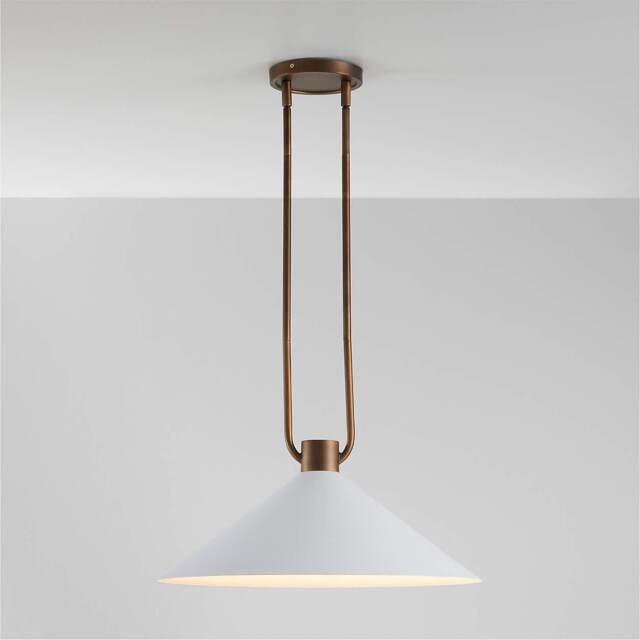 1950's Mid Century Modern Brass Chandelier - Andre White Cone Pendant Light Style Ceiling Fixture Minimalist Dining Room Light - image 1