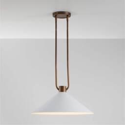 1950's Mid Century Modern Brass Chandelier - Andre White Cone Pendant Light Style Ceiling Fixture Minimalist Dining Room Light - thumbnail 1