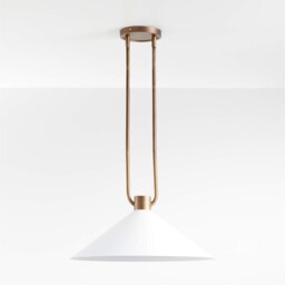 1950's Mid Century Modern Brass Chandelier - Andre White Cone Pendant Light Style Ceiling Fixture Minimalist Dining Room Light - thumbnail 2