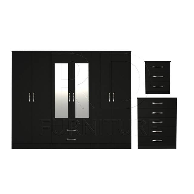 Bedroom Set, Black Set, Wardrobe, Mirrored Chest Of Drawers & A Bedside Table. Ready Assembled - image 1