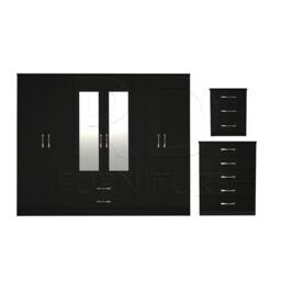 Bedroom Set, Black Set, Wardrobe, Mirrored Chest Of Drawers & A Bedside Table. Ready Assembled - thumbnail 1