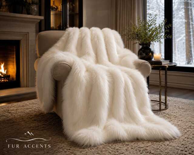 Soft White Faux Fur Throw Blanket, Cuddle Minky Lining - image 1