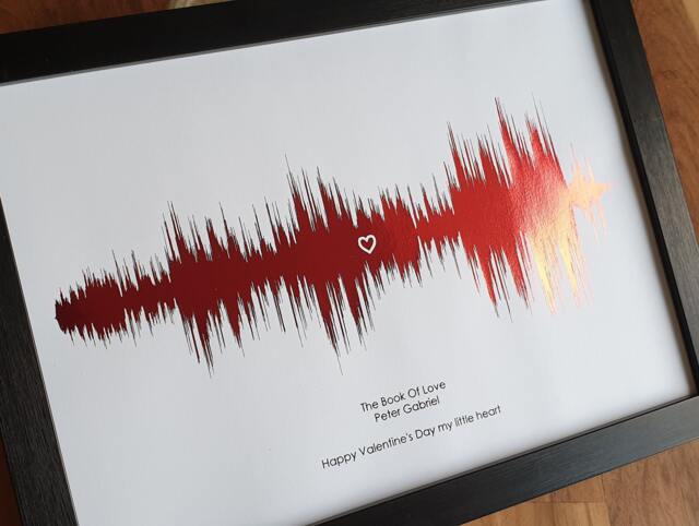 A4 Custom Metallic Soundwave Art, Favourite Song Personalised Red Foil Print - image 1