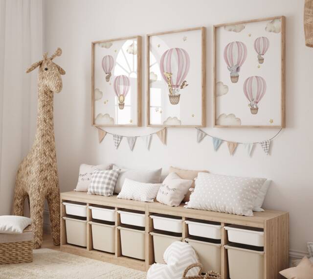 Nursery Air Balloon Animal Prints, Hot Air Balloon Prints, Boy Girl, Unisex Neutral Beige Green Blue Boho, Elephant Giraffe Lion - image 1