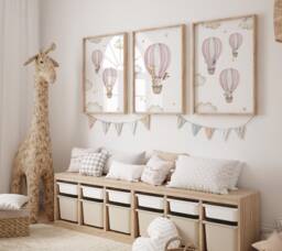 Nursery Air Balloon Animal Prints, Hot Air Balloon Prints, Boy Girl, Unisex Neutral Beige Green Blue Boho, Elephant Giraffe Lion - thumbnail 1