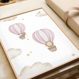 Nursery Air Balloon Animal Prints, Hot Air Balloon Prints, Boy Girl, Unisex Neutral Beige Green Blue Boho, Elephant Giraffe Lion - thumbnail 2