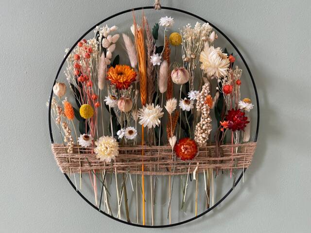 Warm Home Decoration To Hang. Golden Hoop With Dried Flowers & Green Eucalyptus Leaves - image 1