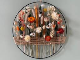 Warm Home Decoration To Hang. Golden Hoop With Dried Flowers & Green Eucalyptus Leaves - thumbnail 1