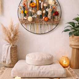 Warm Home Decoration To Hang. Golden Hoop With Dried Flowers & Green Eucalyptus Leaves - thumbnail 2
