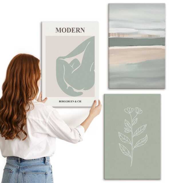 Canvas Set Of 3 - Shapes in Pastel Shades With Plants, Green Wall Art Canvas, Abstract Decor - image 1