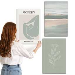 Canvas Set Of 3 - Shapes in Pastel Shades With Plants, Green Wall Art Canvas, Abstract Decor - thumbnail 1