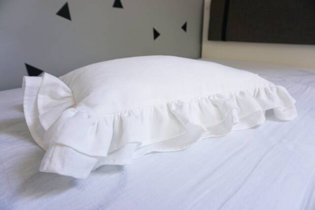 White Linen Pillow With Ruffles, Decorative Rustic Cushion, Neutral European Home Decor, French Country Style - image 1