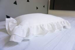 White Linen Pillow With Ruffles, Decorative Rustic Cushion, Neutral European Home Decor, French Country Style - thumbnail 1