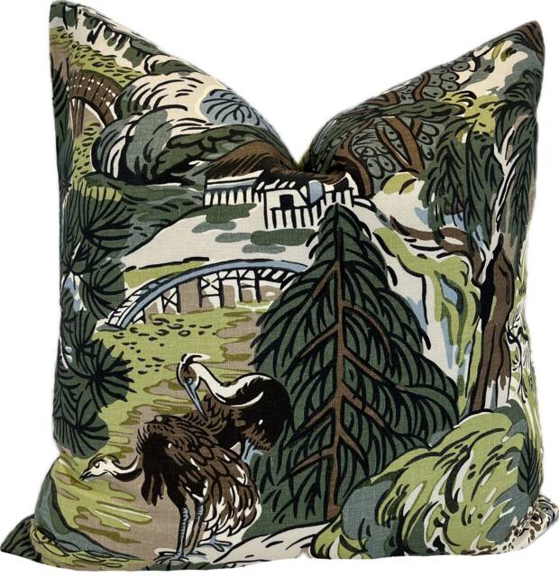 Thibaut Pagoda Trees Sojourn Collection Brown & Green Cushion Cover Pillow Double Sided - image 1