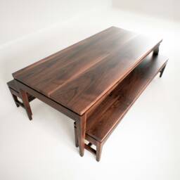 Dinning Room Set in American Walnut, Mid Century Dining Table & Bench, Farm House Benches, Distressed Furniture